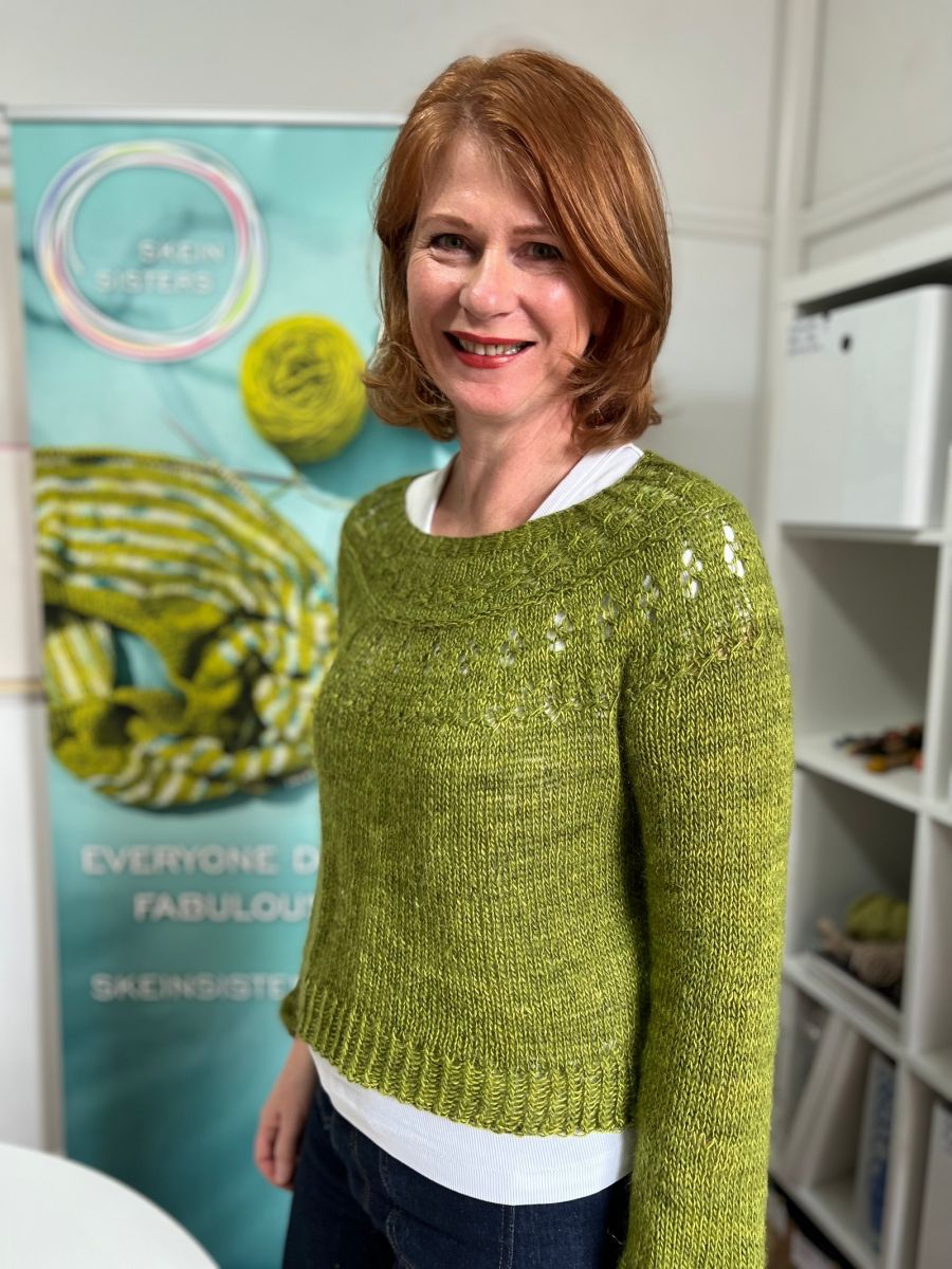 Deb wearing Ranunculus sweater knitted in Fabulous Sock yarn and mohair