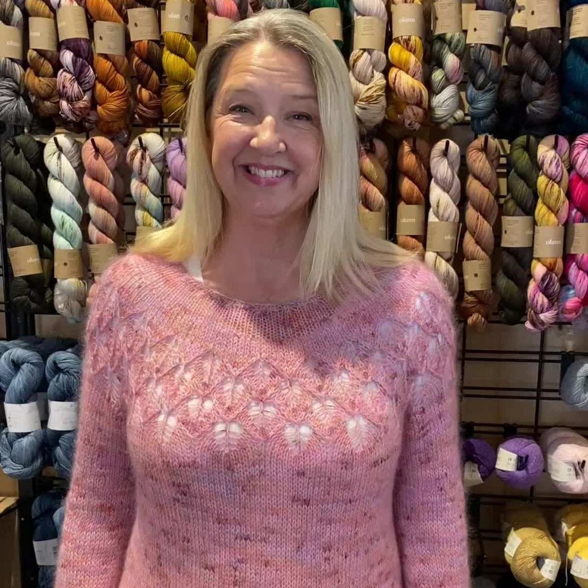 Janine wearing Love Note Sweater knitted in fingering/4ply yarn and mohair